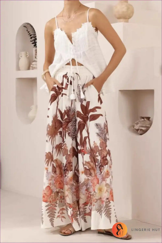 Wide Leg Trousers with Botanical Print - Bohemian Luxury for All Season, Boho, Casual, Everyday, Floral