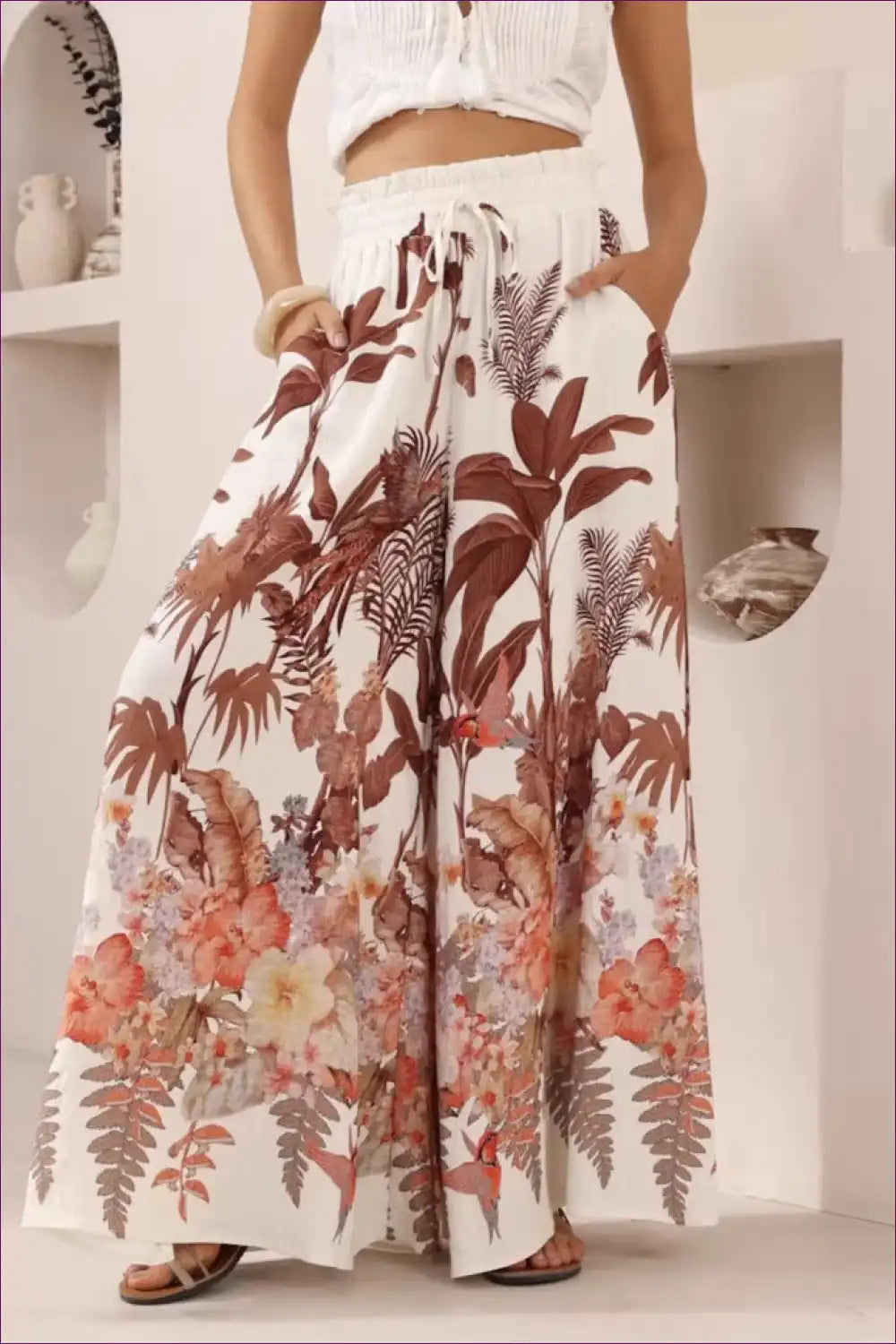 Wide Leg Trousers with Botanical Print - Bohemian Luxury for All Season, Boho, Casual, Everyday, Floral