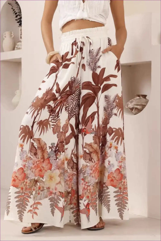 Wide Leg Trousers with Botanical Print - Bohemian Luxury for All Season, Boho, Casual, Everyday, Floral