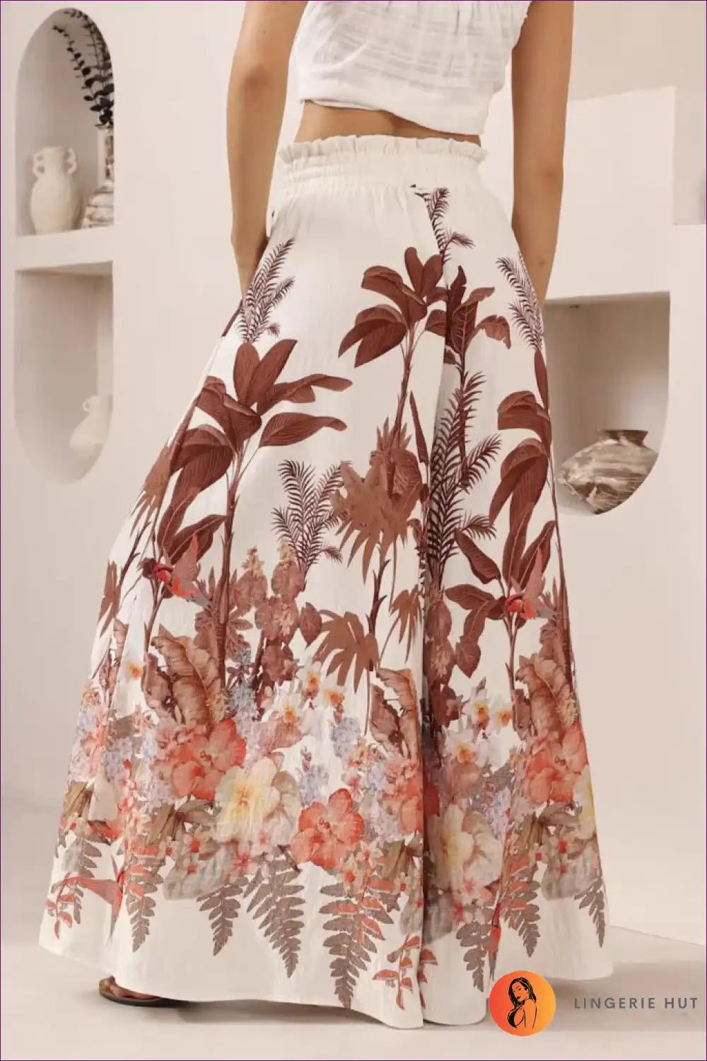 Wide Leg Trousers with Botanical Print - Bohemian Luxury for All Season, Boho, Casual, Everyday, Floral