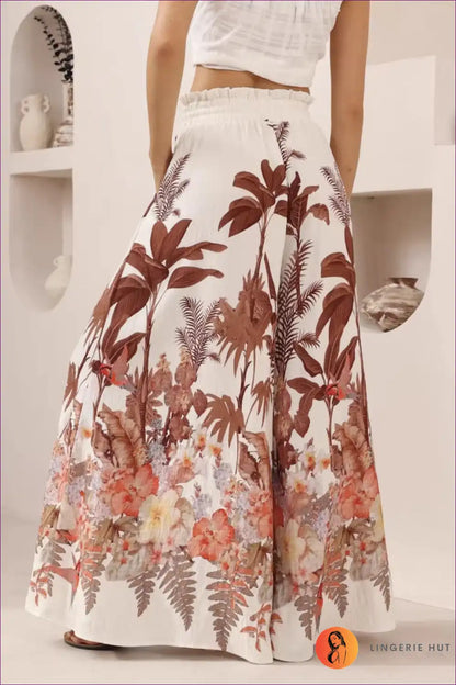 Wide Leg Trousers with Botanical Print - Bohemian Luxury for All Season, Boho, Casual, Everyday, Floral