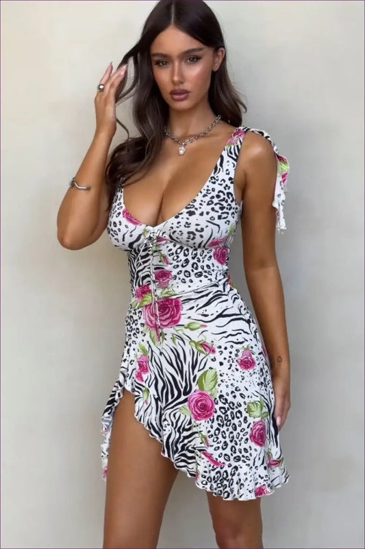 Wild Bloom Mini Dress - Daring Animal Print with Floral Flair for Animal, Bodycon, Clubwear, Dress, Glamour