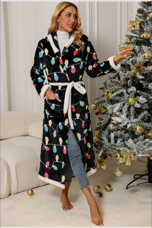 Curl Up In Lingerie Hut’s Winter Graphic Flannel Robe - a Festive, Cozy Haven For Those Cold Winter Nights.