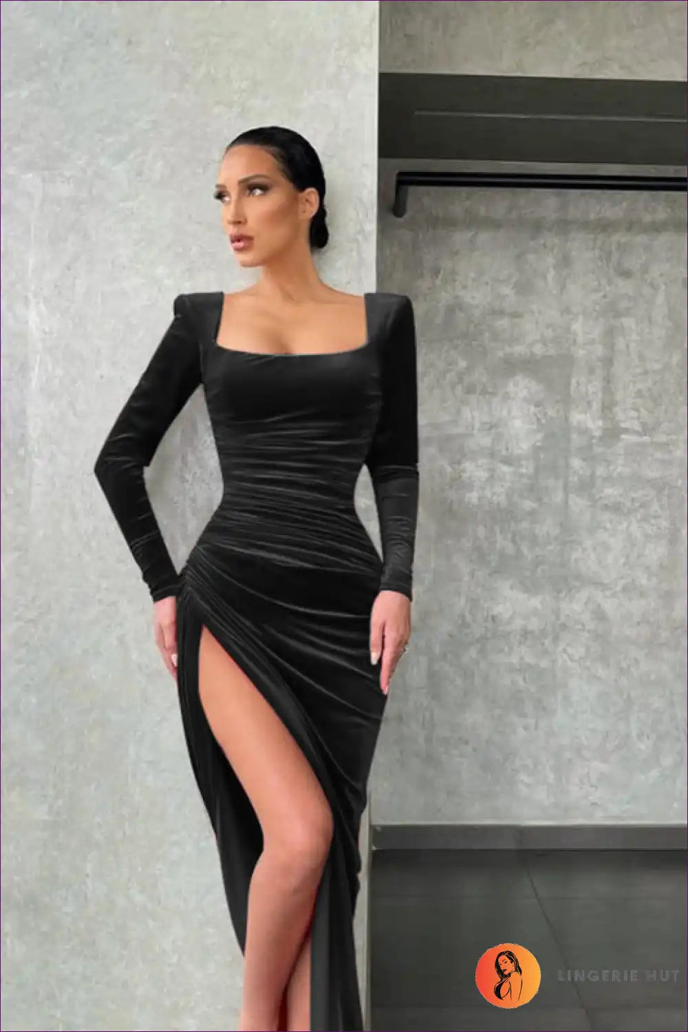 Step Into The Spotlight With Lingerie Hut’s Square Neck Fold Tuxedo Dress. Perfect For Formal Gatherings, This