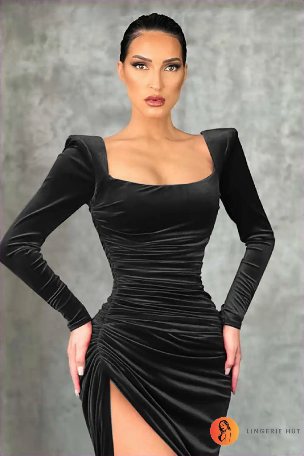 Step Into The Spotlight With Lingerie Hut’s Square Neck Fold Tuxedo Dress. Perfect For Formal Gatherings, This