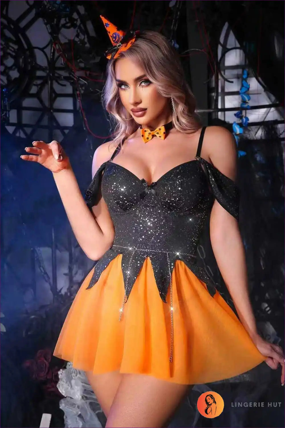 Witch Costume with Glitter Bodice and Tulle Skirt - Playful Fantasy for Autumn, Backless, Boudoir, Costume,