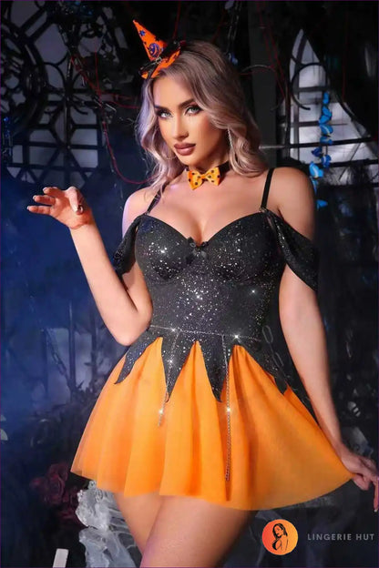 Witch Costume with Glitter Bodice and Tulle Skirt - Playful Fantasy for Autumn, Backless, Boudoir, Costume,