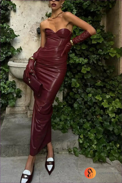 Women Clothing Elegant Faux Leather Sexy Tube Top Strap Fold Split Dress for Bodycon, Midi, Party, Sexy,