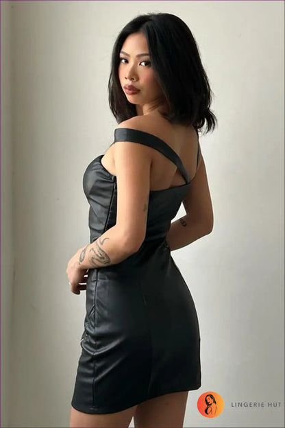 Women Clothing Leather Fabric Mesh Oblique Shoulder Strap Sexy Slim Hip Dress for Bodycon, Lace, Leather,