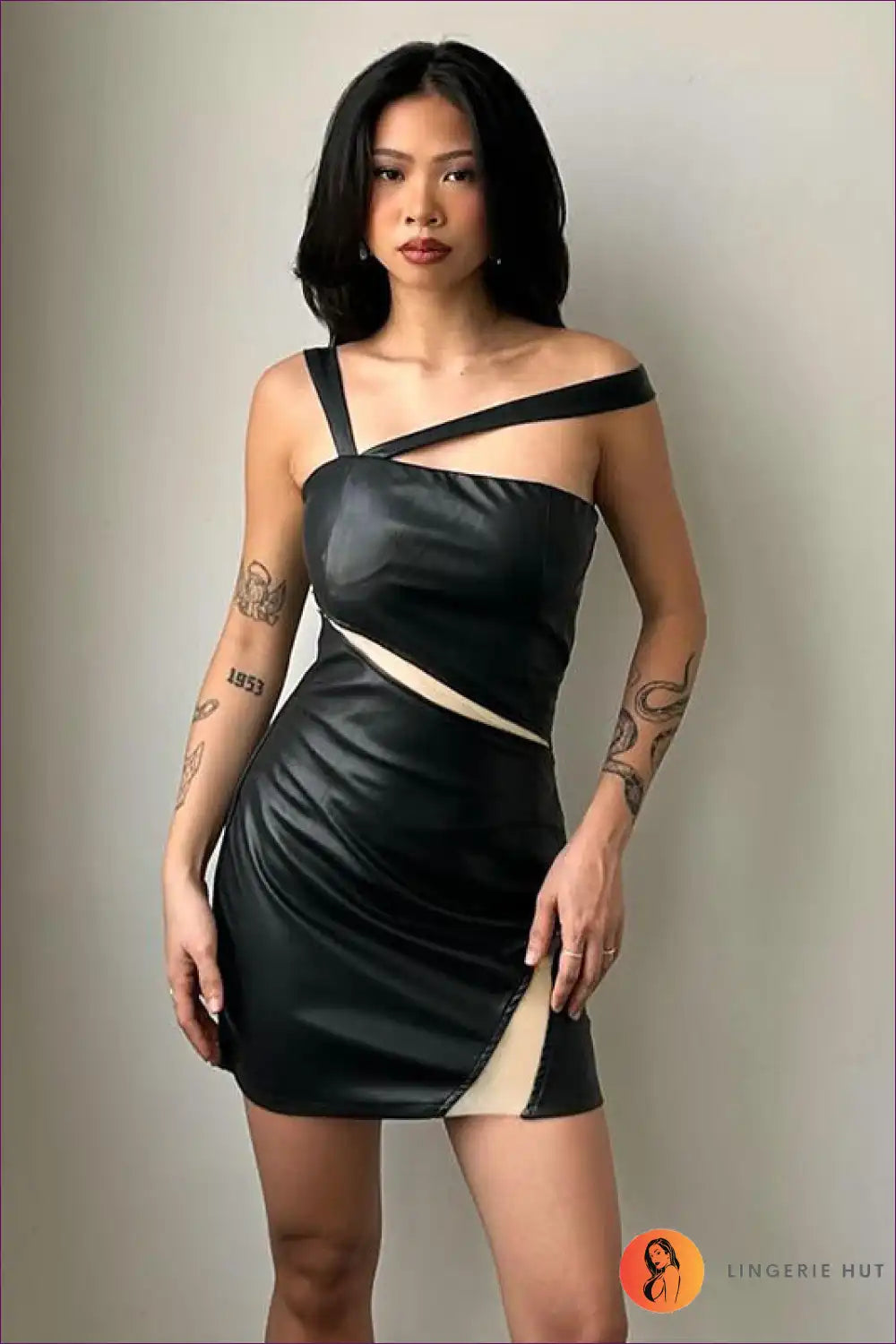 Women Clothing Leather Fabric Mesh Oblique Shoulder Strap Sexy Slim Hip Dress for Bodycon, Lace, Leather,