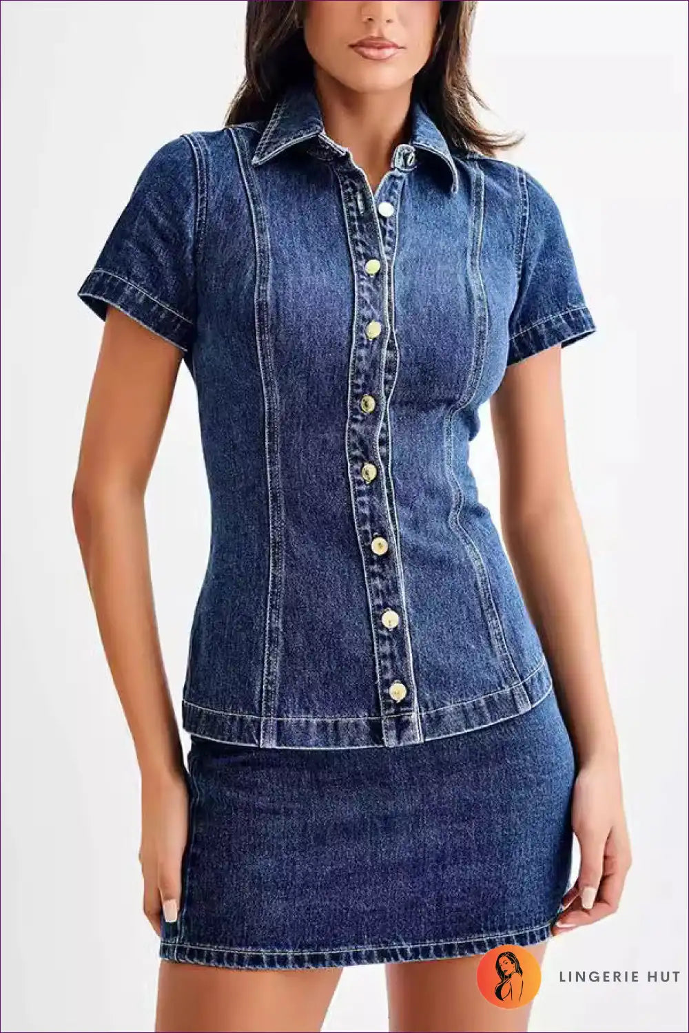 Women Denim Short Sleeve Button High Waist Skirt Sets for Bodycon, Casual, co Ord, Denim, Everyday