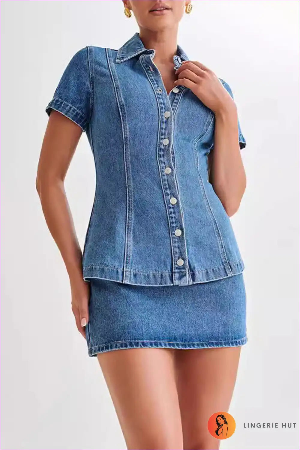 Women Denim Short Sleeve Button High Waist Skirt Sets for Bodycon, Casual, co Ord, Denim, Everyday