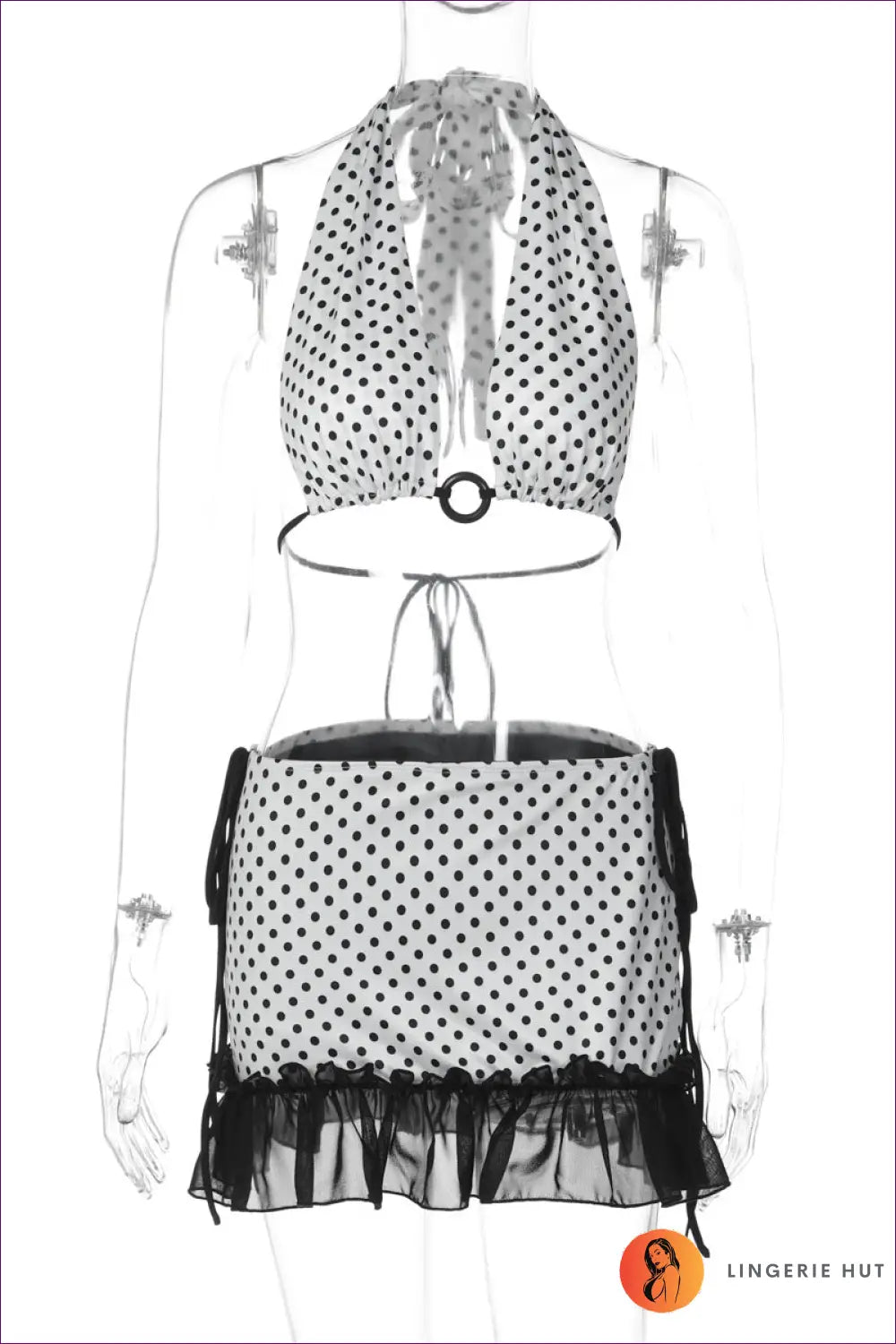 Polka Dot Bikini Skirt with Halter Ring - Retro Holiday - s / White - Swimwear - Beachwear • Cover Up • Lingerie Hut