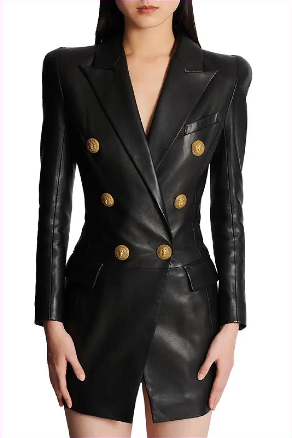 Women Slim Hip Double Breasted Faux Leather Dress for Bodycon, Leather, Spring