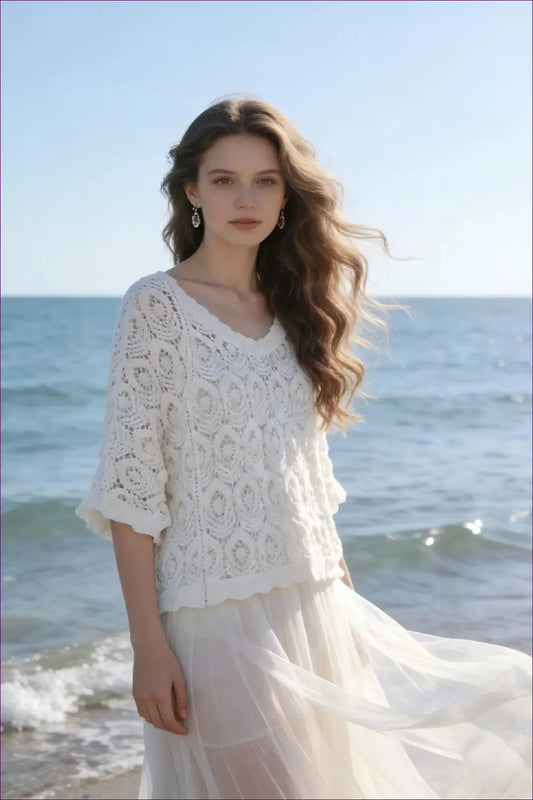 Knit V-neck Top with Scalloped Sleeves - Holiday Ease - Beachwear • Boho • Casual • Cover Up • Crochet - Lingerie Hut