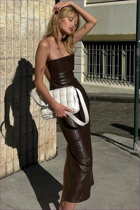 Women’s Faux Leather Backless Bodycon Midi Party Dress for All Season, Backless, Bodycon, Clubwear, Evening