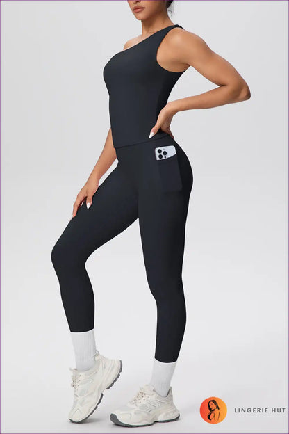 Workout Set with Asymmetric Top - Athletic Confidence for Activewear, All Season, Casual, co Ord, Cutout