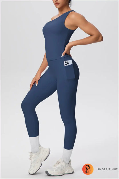 Workout Set with Asymmetric Top - Athletic Confidence for Activewear, All Season, Casual, co Ord, Cutout