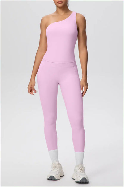 Workout Set with Asymmetric Top - Athletic Confidence for Activewear, All Season, Casual, co Ord, Cutout