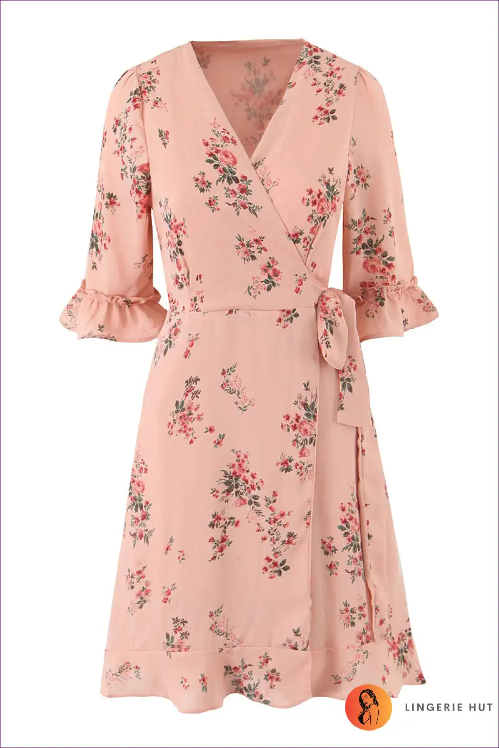 Wrap Dress with Floral Print - Effortless Garden Party for A-line, Boho, Casual, Dress, Everyday