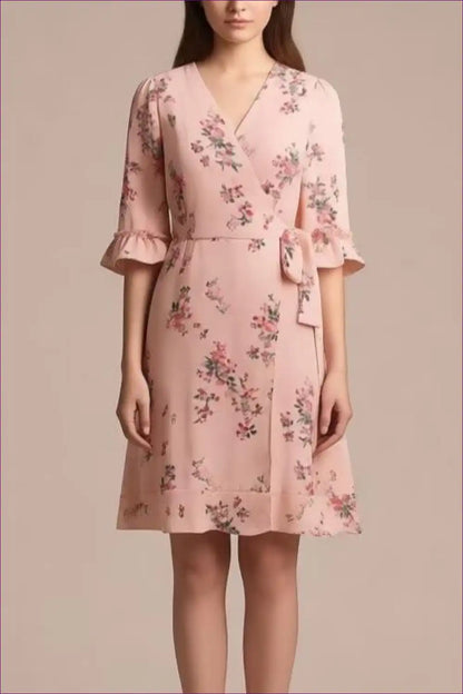 Wrap Dress with Floral Print - Effortless Garden Party for A-line, Boho, Casual, Dress, Everyday