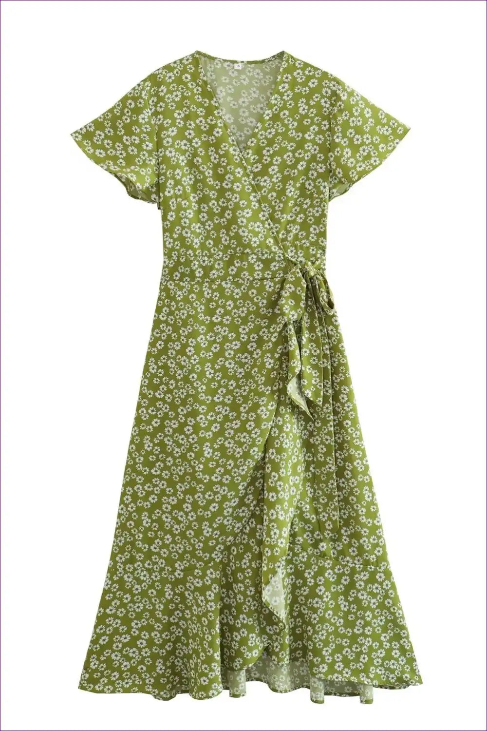 Wrap Dress with Flutter Sleeves - Garden Party Grace for A-line, Boho, Casual, Chiffon,