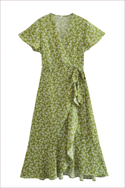 Wrap Dress with Flutter Sleeves - Garden Party Grace for A-line, Boho, Casual, Chiffon,