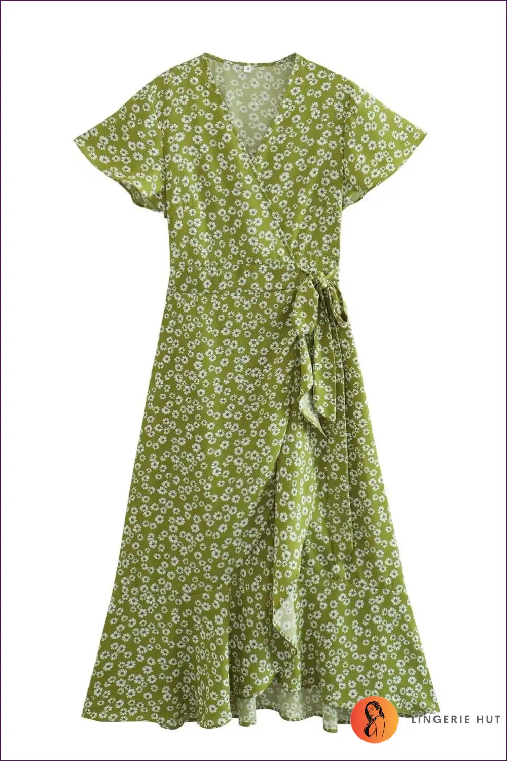 Wrap Dress with Flutter Sleeves - Garden Party Grace for A-line, Boho, Casual, Chiffon,