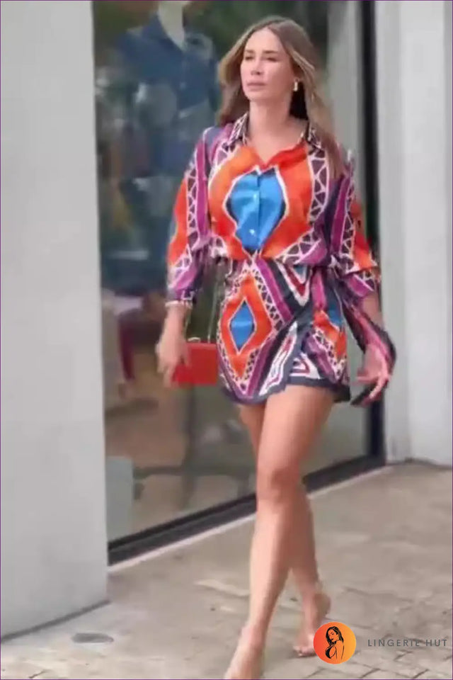 Geometric Print Wrap Mini Dress - Effortless Elegance