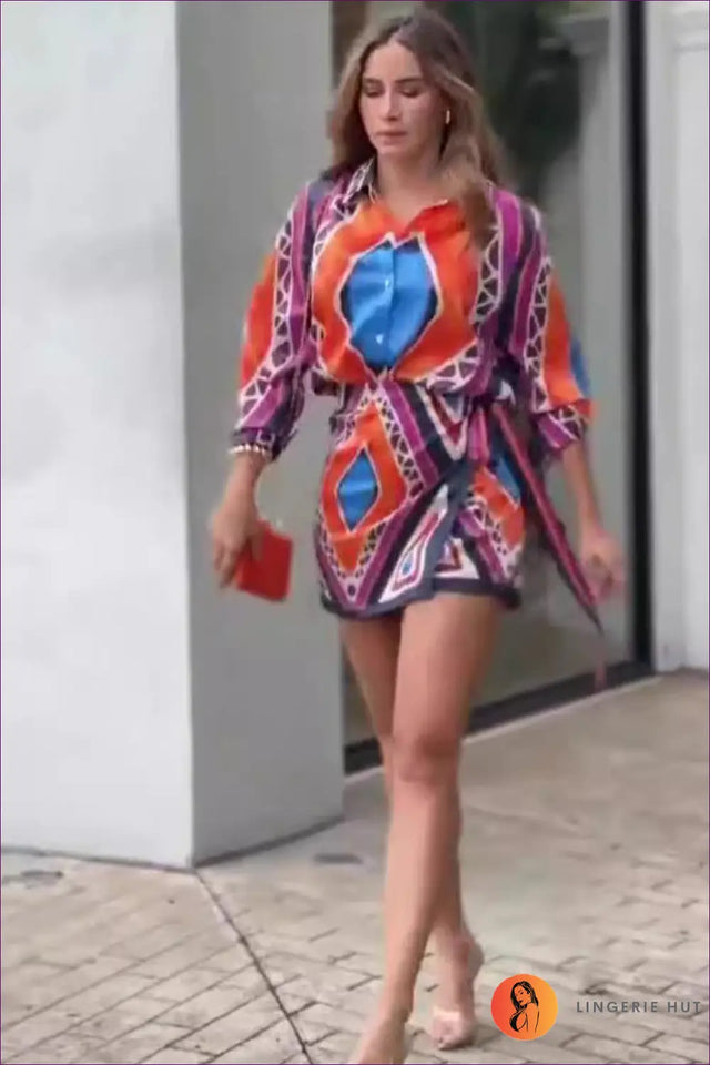 Geometric Print Wrap Mini Dress - Effortless Elegance