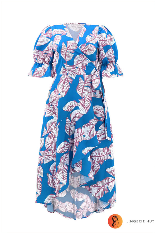 Wrap Dress with Leaf Print - Tropical Elegance for A-line, All Season, Boho, Casual,