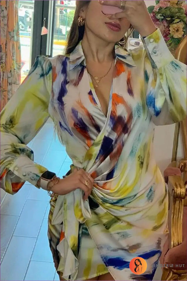 Abstract Print Wrap Dress with Long Sleeves