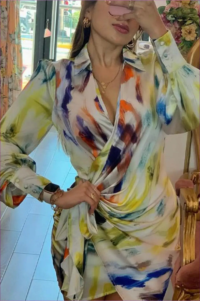 Abstract Print Wrap Dress with Long Sleeves