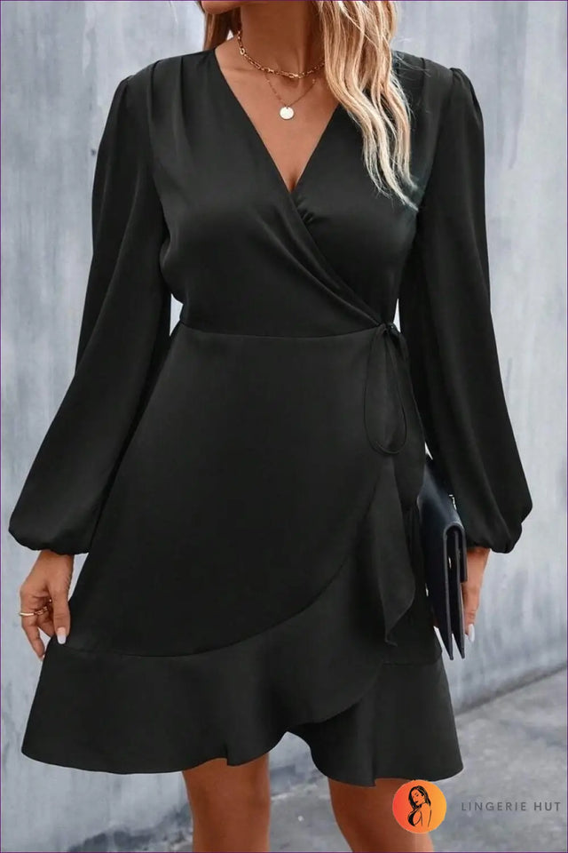 Wrap Front Mini Dress with Balloon Sleeves - Date Night
