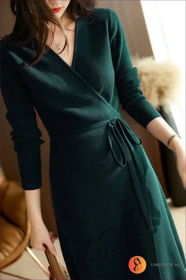 Wrap Knit Midi Dress with Tie Waist - Elegant Layering Staple