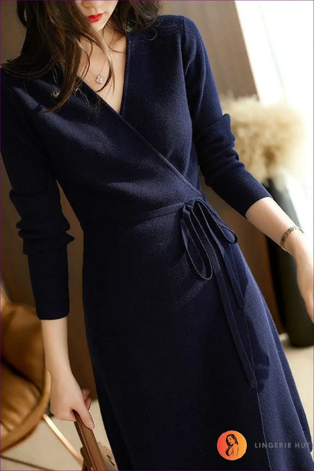 Wrap Knit Midi Dress with Tie Waist - Elegant Layering Staple