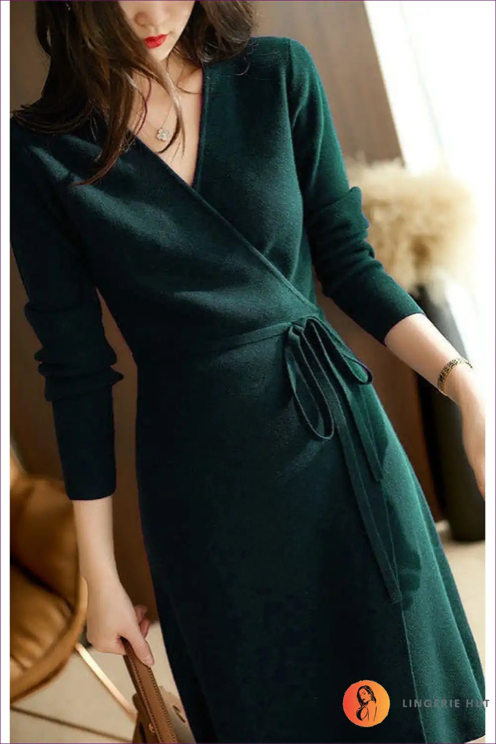 Wrap Knit Midi Dress with Tie Waist - Elegant Layering Staple for a Line, Autumn, Dress, Everyday, Jersey