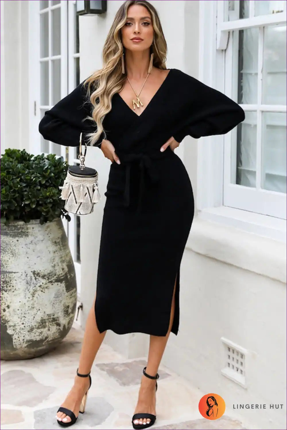 Wrap Sweater Midi Dress with Belt - Autumn Lounge Elegance for Autumn, Casual, just In,