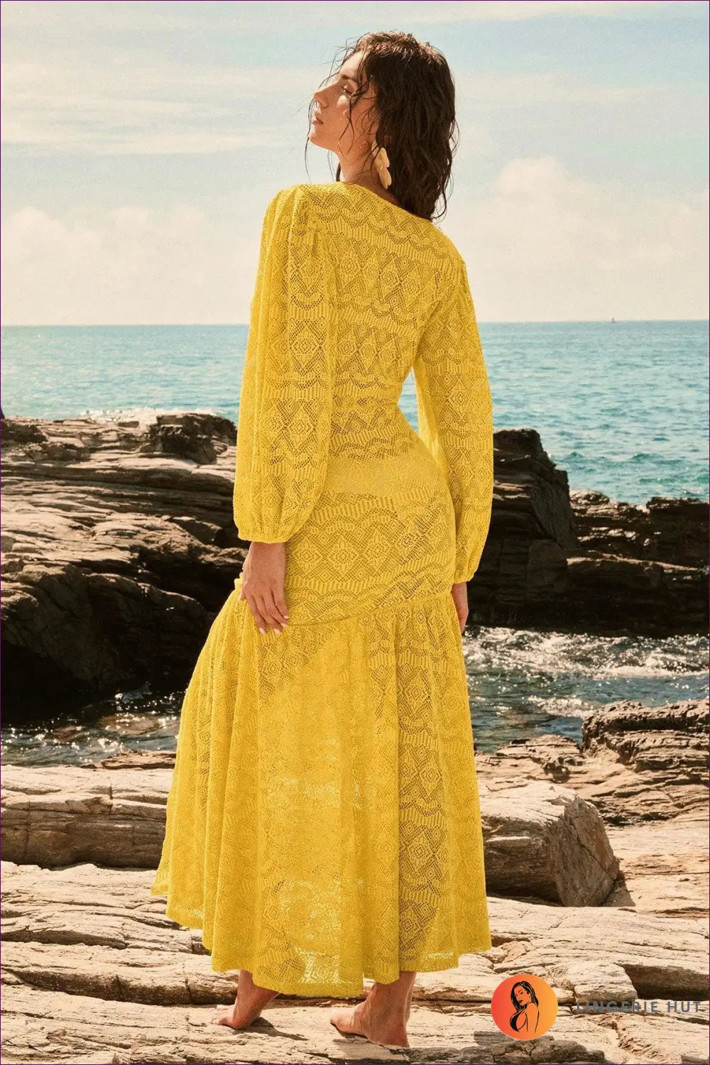 Yellow Long-sleeve Lace Maxi Dress with Thigh Slit - Sundown Escape - Casual • Dresses • Everyday • just in - Lingerie