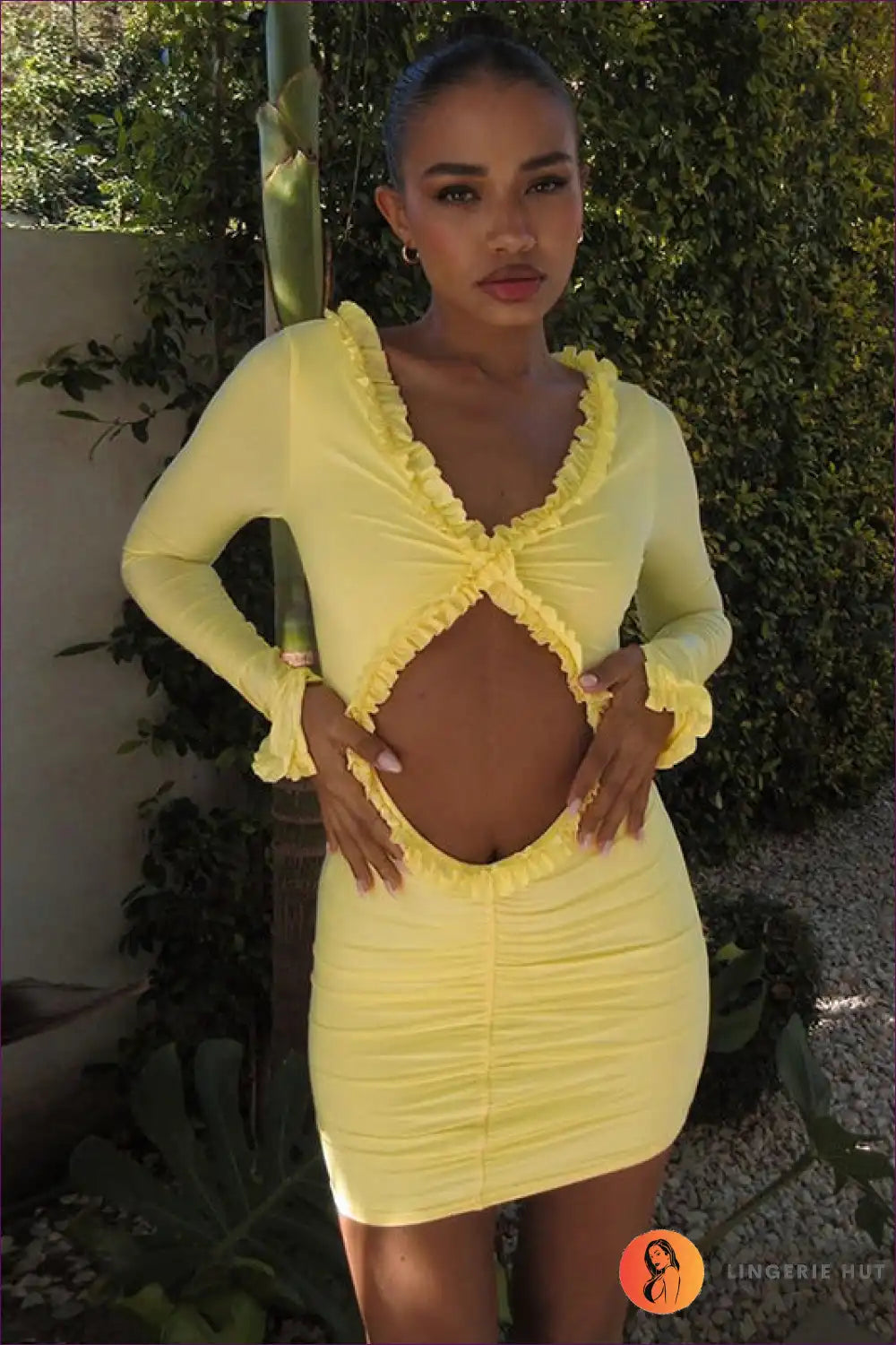 Yellow Ruffle Trim Cutout Mini Dress with Long Sleeves for Bodycon, Clubwear, Cutout, Date Night,
