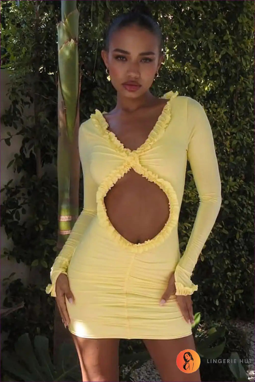 Yellow Ruffle Trim Cutout Mini Dress with Long Sleeves for Bodycon, Clubwear, Cutout, Date Night,