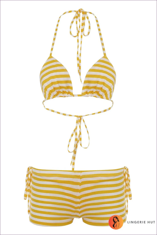 Yellow Striped Bikini Set with Boyshort Bottoms - Sunset Coast Days - s / Beachwear • Halter • just in • Low Waist