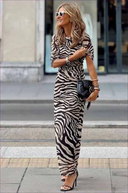 Zebra Print Long Sleeve Bodycon Maxi Dress - Slim Fit for Animal, Bodycon, Evening Wear, Formal
