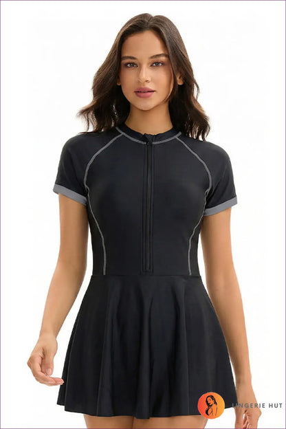 Zip-front Swim Dress with Flared Skirt - Active Sun Days - s / Black and Gray - Swimwear - Activewear • All Season