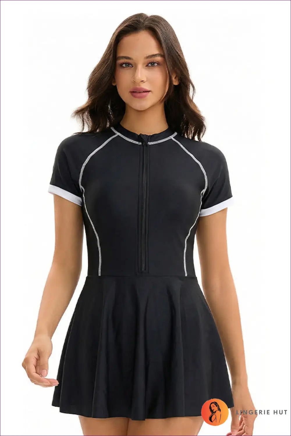 Zip-front Swim Dress with Flared Skirt - Active Sun Days - s / Black and White - Swimwear - Activewear • All Season