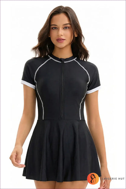 Zip-front Swim Dress with Flared Skirt - Active Sun Days - s / Black and White - Swimwear - Activewear • All Season