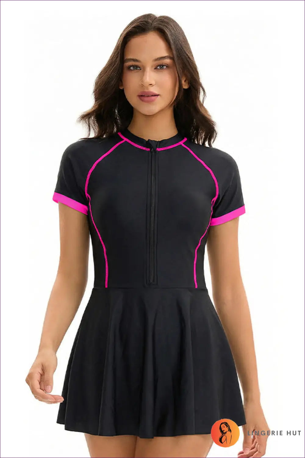 Zip-front Swim Dress with Flared Skirt - Active Sun Days - s / Black Rose Red - Swimwear - Activewear • All Season