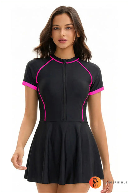 Zip-front Swim Dress with Flared Skirt - Active Sun Days - s / Black Rose Red - Swimwear - Activewear • All Season