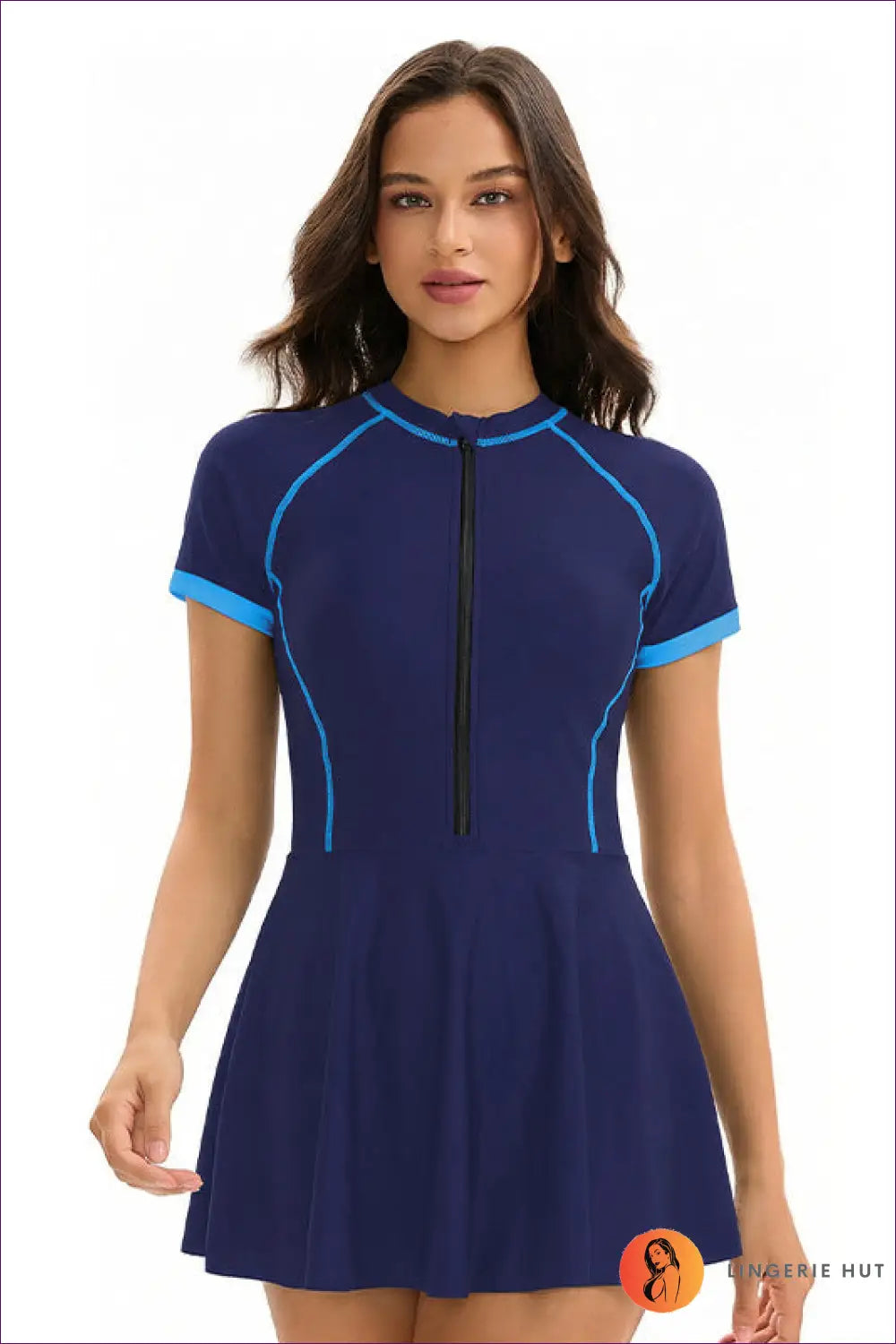 Zip-front Swim Dress with Flared Skirt - Active Sun Days - s / Tibetan Blue - Swimwear - Activewear • All Season