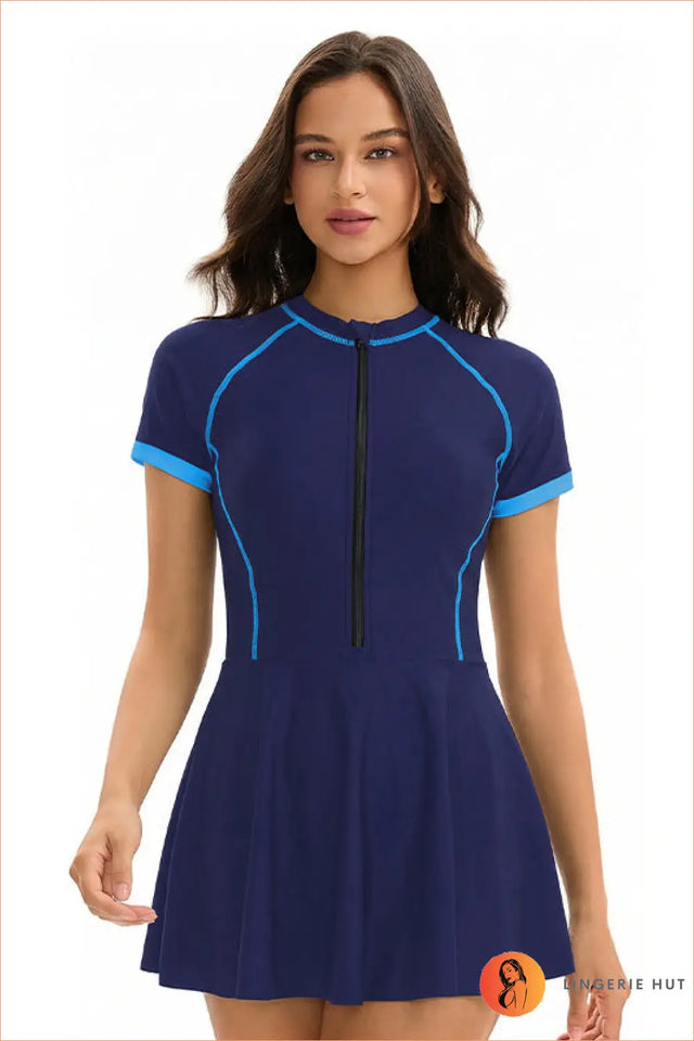 Zip-Front Swim Dress with Flared Skirt - Active Sun Days
